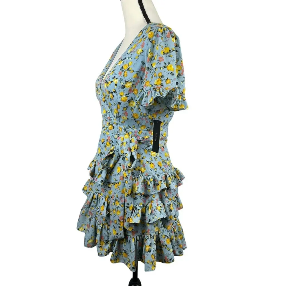 Lulus Feeling Butterflies Blue Floral Boho Tiered Ruffle Mini Dress Medium - Picture 6 of 12